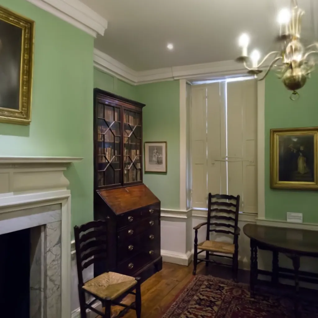 A panelled drawing room with a marble fireplace and a lit chandelier.