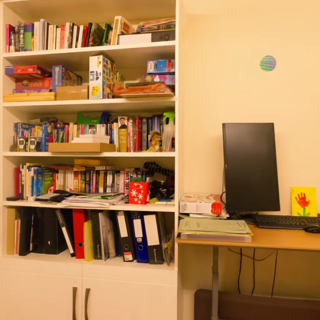 A bright room with a desk, a bookcase of picture books and toys on the floor.